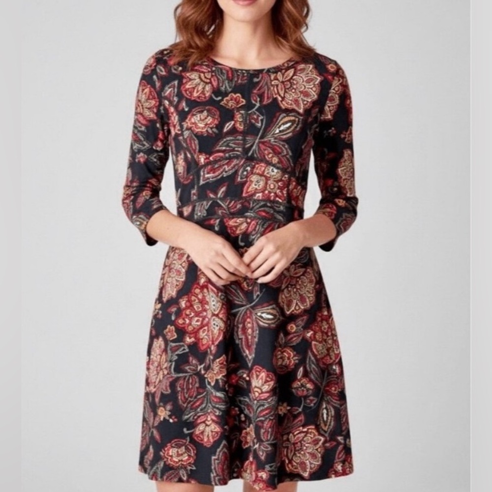 Title Nine Black Floral Midi Dress with Red and Cream Print